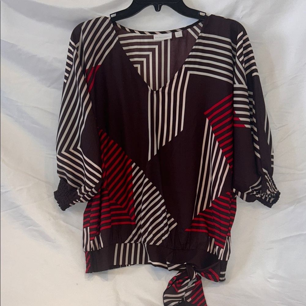 New York & Company Striped V-Neck Blouse - Red, Brown, and White